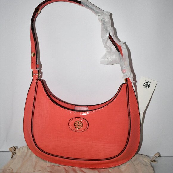 Tory Burch Robinson crescent shoulder bag in crosshatched leather Coral Crush # - Picture 1 of 6